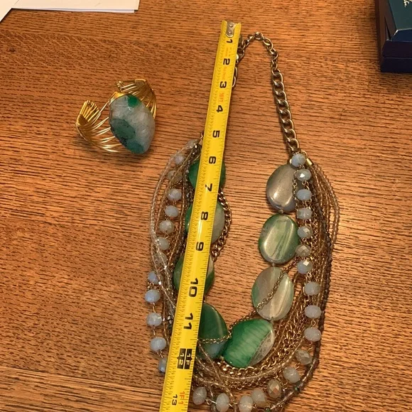 Multi chain, crystal, Polished Green moss geode Quartz stone necklace & bracelet - Picture 3 of 4